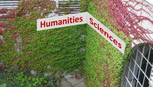 Humanities and sciences meet as allegorized in the meeting of two ivy-covered walls at Carnegie Mellon University (photo by Alan Liu)