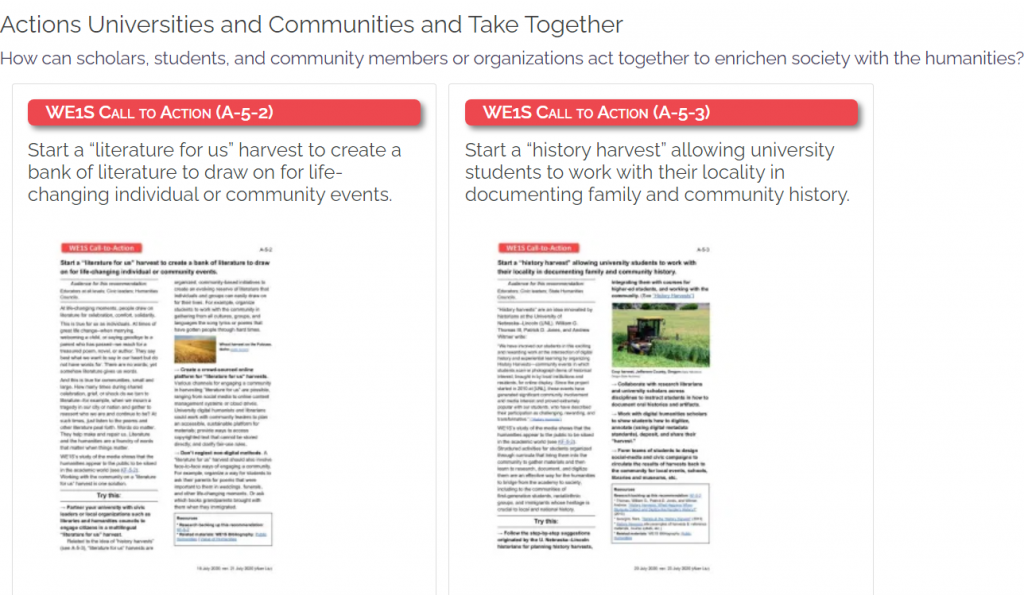 Examples of WE1S recommendations in the form of action cards