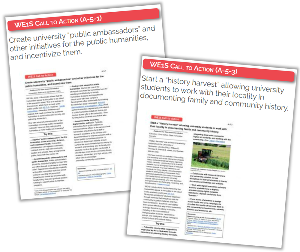Examples of Call-to-Action cards" -- "Create university public ambassadors" and "Start a history harvest"