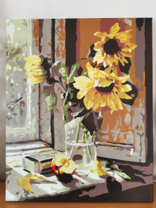 a painting of a vase filled with sunflowers sitting on a sunny windowsill