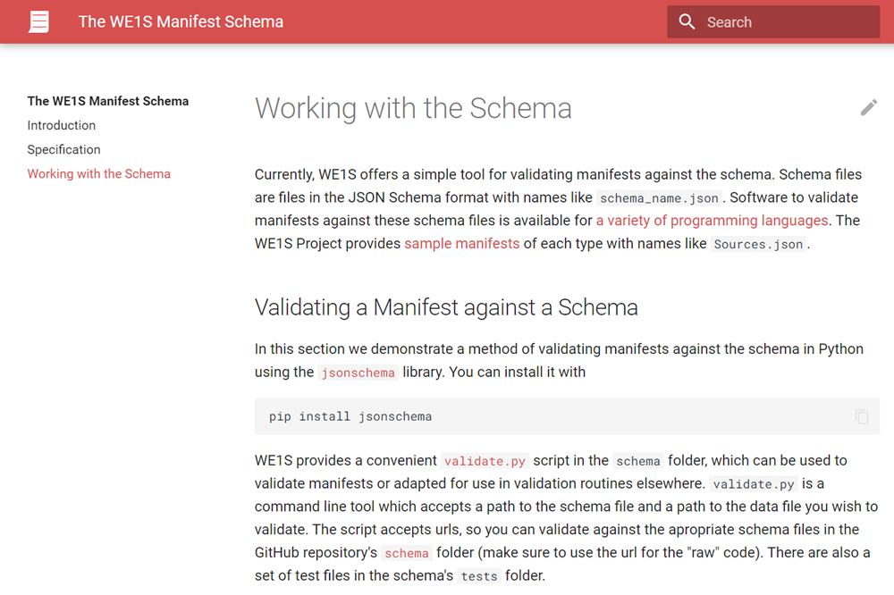 Excerpt from the documentation for the WE1S Manifest Schema (screenshot)