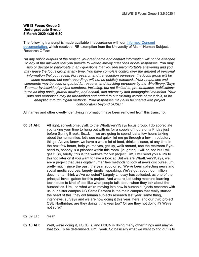 Focus Groups on the Humanities – WE1S